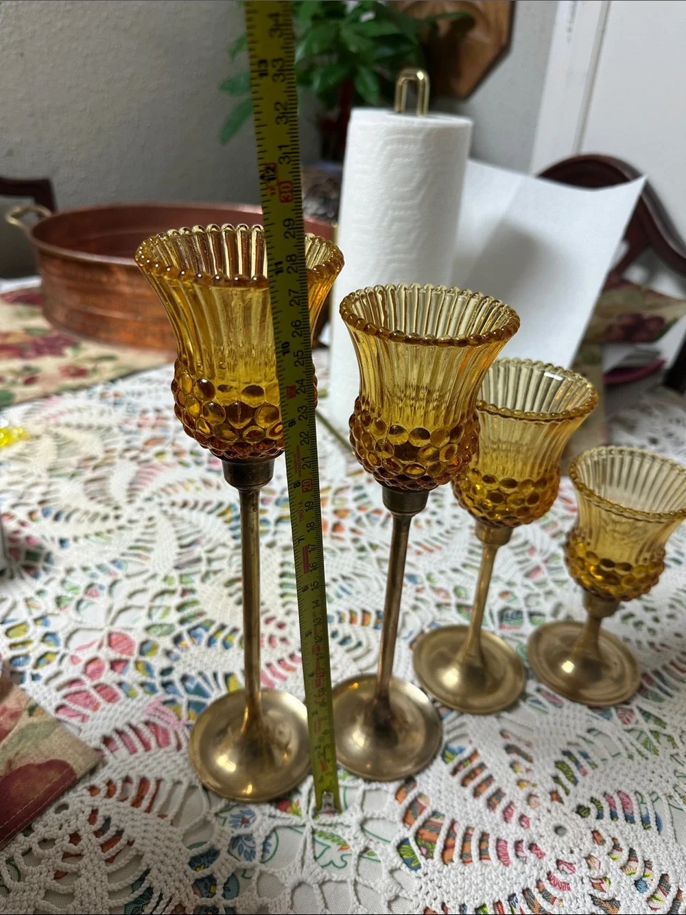 Amber Glass and Brass Candle Holders Set - Elegant Home Accents